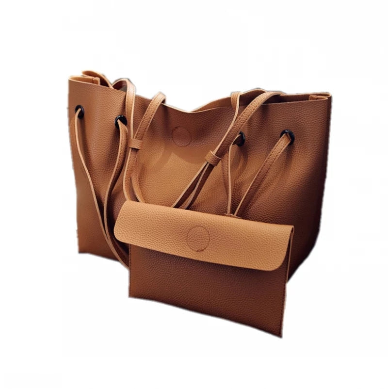 New Fashion Plain Big Black Tote Handbag Set Of 2 Women Pink Shopping Bag Lady Grey  Brown Clutch