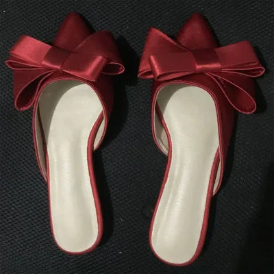 2018 Spring And Summer Women'S Shoes Korean Silk Satin Pointed Bow Tie Slippers Baotou Flat Heel Sets Semi Slippers