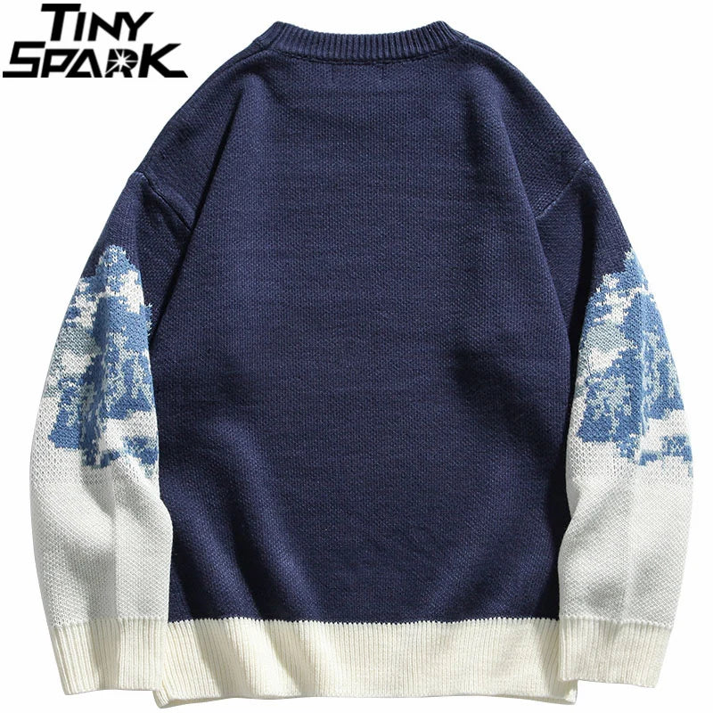 2023 Men Hip Hop Streetwear Knitted Sweater Embroidery Retro Vintage Snow Sweater Cotton Harajuku Casual Pullover Sweater Black