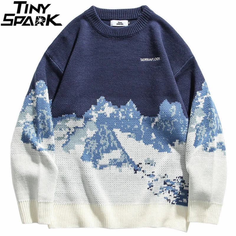 2023 Men Hip Hop Streetwear Knitted Sweater Embroidery Retro Vintage Snow Sweater Cotton Harajuku Casual Pullover Sweater Black