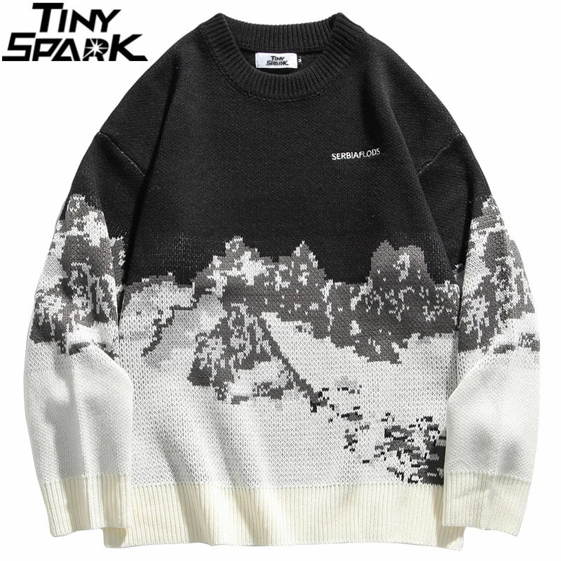 2023 Men Hip Hop Streetwear Knitted Sweater Embroidery Retro Vintage Snow Sweater Cotton Harajuku Casual Pullover Sweater Black