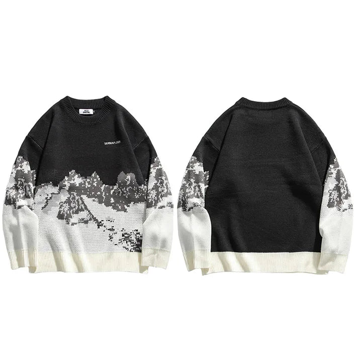 2023 Men Hip Hop Streetwear Knitted Sweater Embroidery Retro Vintage Snow Sweater Cotton Harajuku Casual Pullover Sweater Black