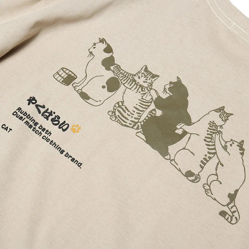2023 Men Hip Hop T Shirt Streetwear Japanese Kanji Harajuku Funny Cat T-Shirt Summer Short Sleeve Tops Tees Cotton Print Tshirts
