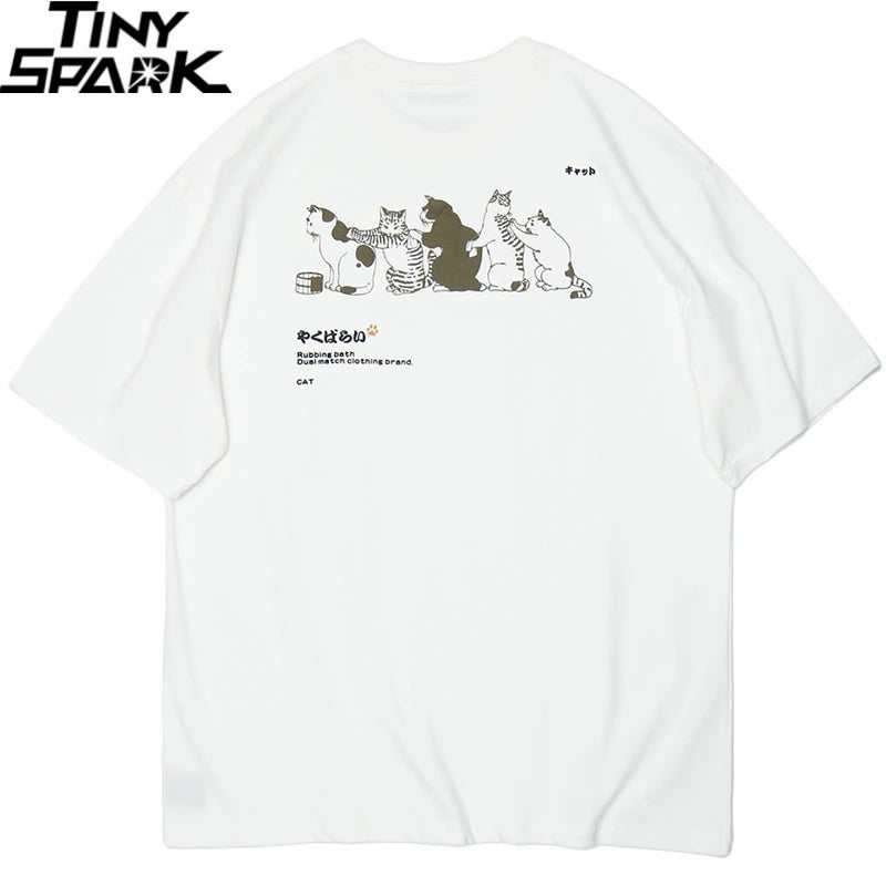 2023 Men Hip Hop T Shirt Streetwear Japanese Kanji Harajuku Funny Cat T-Shirt Summer Short Sleeve Tops Tees Cotton Print Tshirts