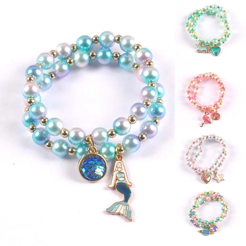 2Pcs Fashion Child Kids Beads Bracelets Bangles With Charming Mermaid/Bees/Flamingos Pendants Beaded Bracelet Bangles Cp2685