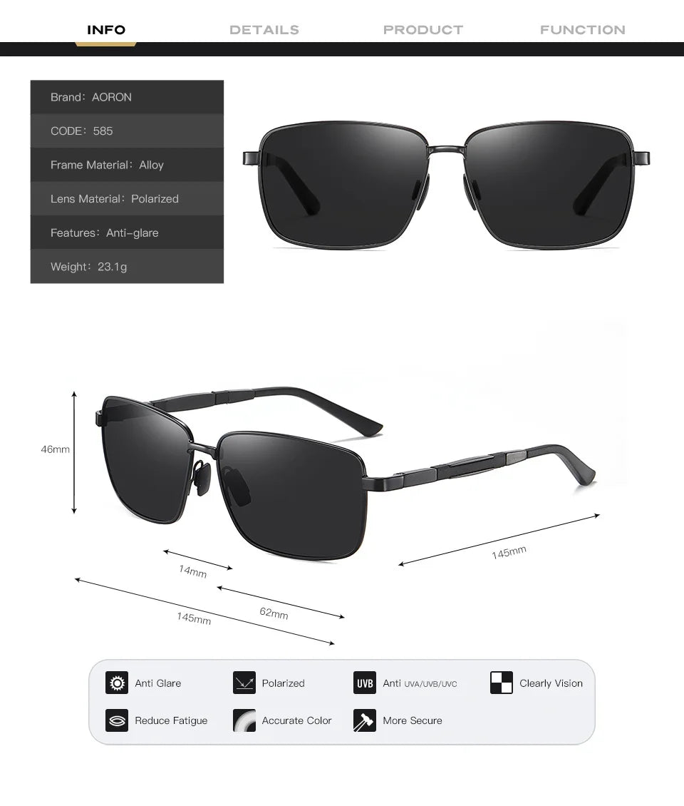 Aoron New Mens Polarized Sunglasses Driver Driving Sun Glasses Classic Fashion Square Sunglasses High Quality Uv400
