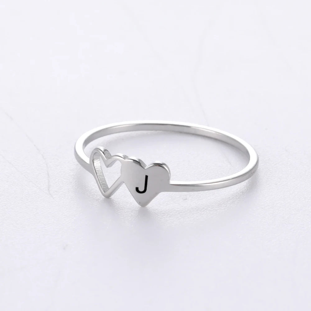 Cooltime Initial Letter Ring For Women Stainless Steel A-Z Alphabet Double Heart Finger Ring Fashion Wedding Jewelry Couple Gift