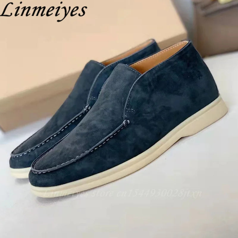 Hot Sale High Top Flat Shoes Men Women Slip On Loafers Lady Casual Shoes Round Toe Kid Suede Comfy Drive Walk Shoes Female 35-45