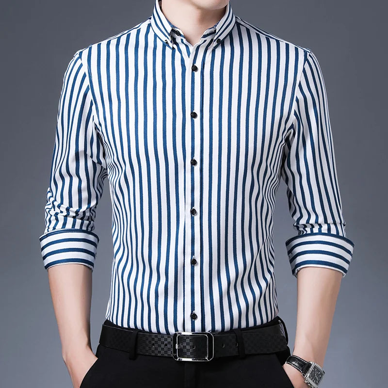 Men'S Non-Iron Slight Strech Soft Striped Dress Shirts Without Pocket Long Sleeve Standard-Fit Youthful Casual Button-Down Shirt