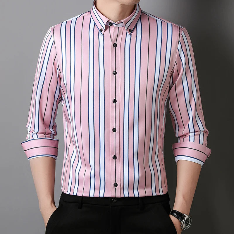 Men'S Non-Iron Slight Strech Soft Striped Dress Shirts Without Pocket Long Sleeve Standard-Fit Youthful Casual Button-Down Shirt