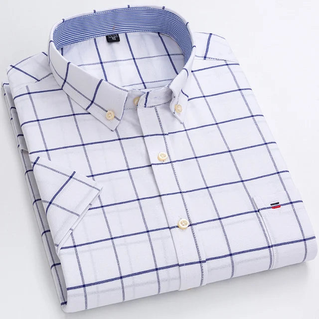 Men'S Oxford Short Sleeve Summer Casual Shirts Single Pocket Comfortable Standard-Fit Button-Down Plaid Striped Cotton Shirt