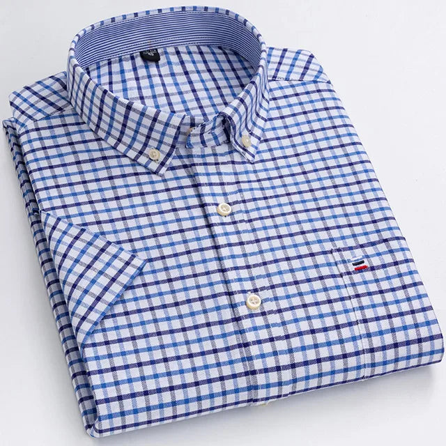 Men'S Summer Casual Short Sleeve 100% Cotton Thin Oxford Shirt Single Patch Pocket Standard-Fit Button-Down Plaid Striped Shirts
