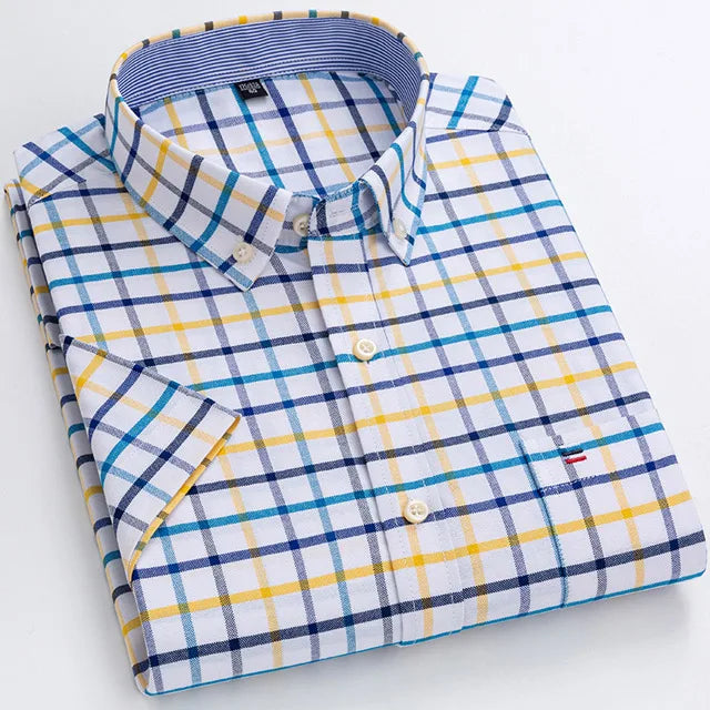 Men'S Summer Casual Short Sleeve 100% Cotton Thin Oxford Shirt Single Patch Pocket Standard-Fit Button-Down Plaid Striped Shirts