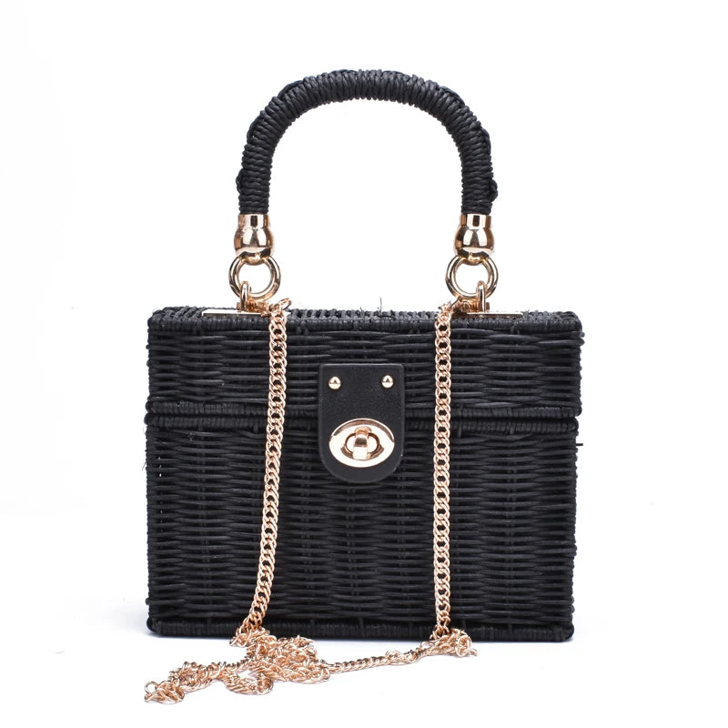 New Rattan Black Straw Shoulder Bag Women Hand-Woven Messenger Bag Summer Beach Square Box Straw Handbag For Lady Bolsa Feminina