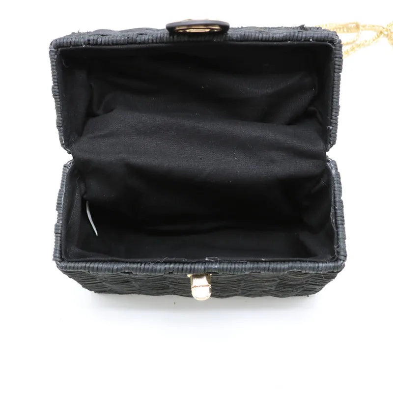 New Rattan Black Straw Shoulder Bag Women Hand-Woven Messenger Bag Summer Beach Square Box Straw Handbag For Lady Bolsa Feminina