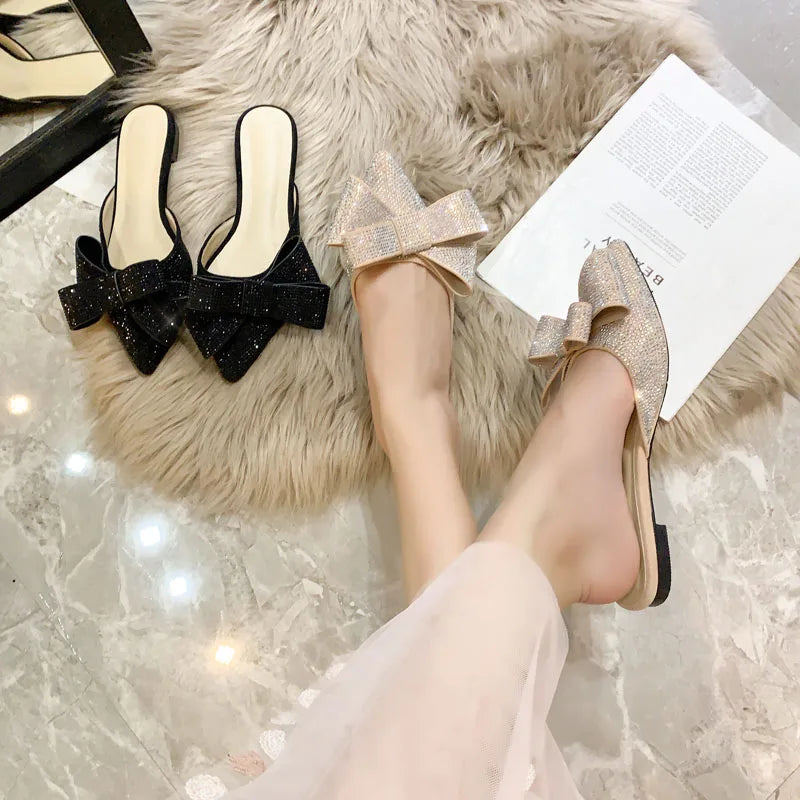 Pointed Toe Half Slippers Female Summer Wear 2019 New Fashion Rhinestone Bow Lazy Flat Sandals Women'S Shoes