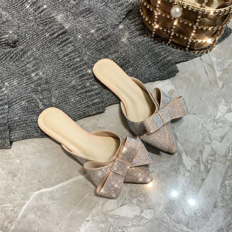 Pointed Toe Half Slippers Female Summer Wear 2019 New Fashion Rhinestone Bow Lazy Flat Sandals Women'S Shoes