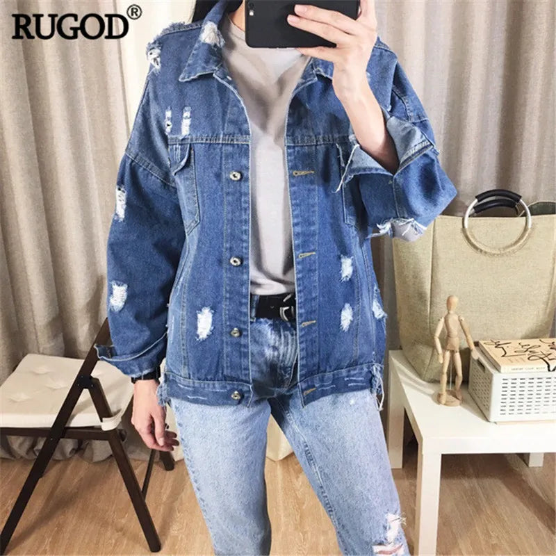 Rugod Basic Coat Bombers Vintage Fabric Patchwork Denim Jacket Women Cowboy Jeans 2019 Autumn Frayed Ripped Hole Jean Jacket