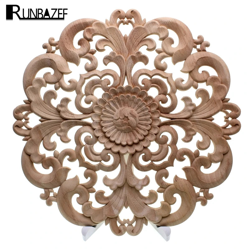Runbazef Woodcarving Furniture Decoration Solid Wood Door Round Applique Flower Him Miniature Crafts Figurine Storm