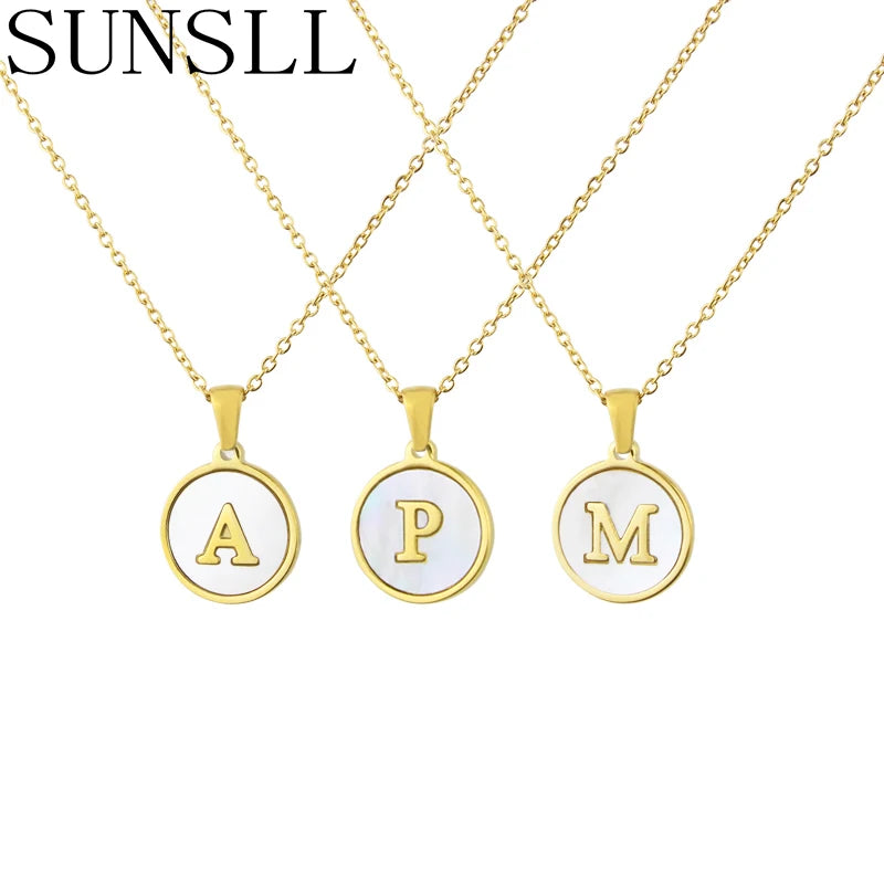 Sunsll Gold Plated Stainless Steel White Shell Initial Letter Pendant Necklace Women'S Fashion Jewelry Alphabet Chain Choker
