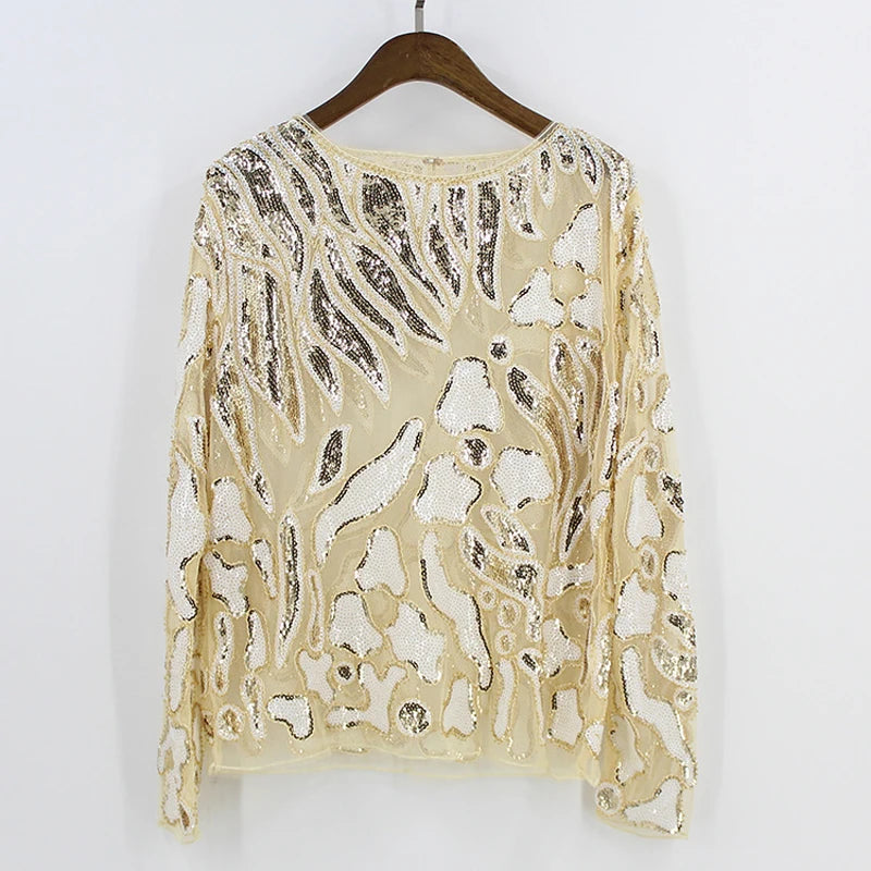 Sexy Sequin Lace Mesh Long Sleeve Shirt Top O-Neck Beading Embroidery Leaf Vintage See-Through Women Party Blouse Tunic