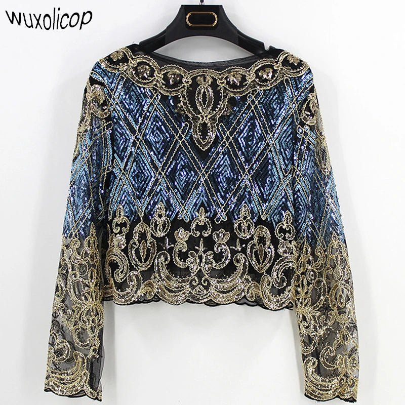 Sexy Sheer Body Crop Top Blusas Feminina Lace Mesh Long Sleeve Floral Embroidery Sequin Beading Women Shirt Blouse Top