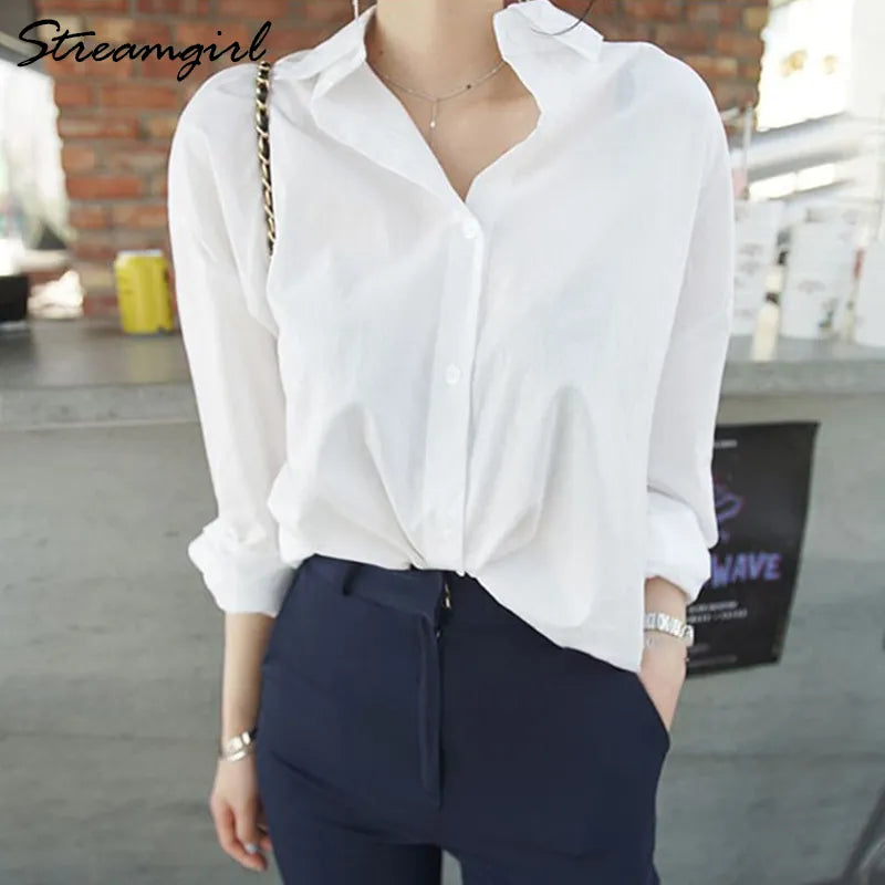 Streamgirl Loose White Shirt Women Spring Autumn Casual Loose White Blouse For Women Cotton Boyfriend Shirts Long Sleeve Tops