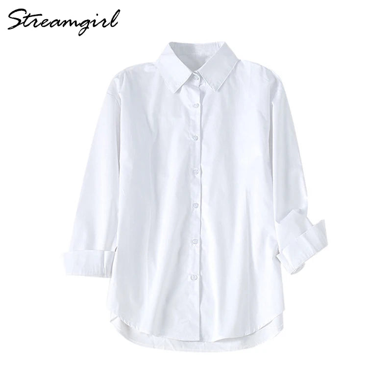 Streamgirl Loose White Shirt Women Spring Autumn Casual Loose White Blouse For Women Cotton Boyfriend Shirts Long Sleeve Tops