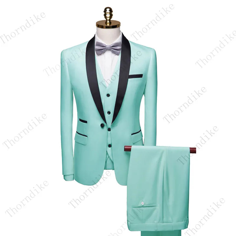 Thorndike High-End Men Suit Black Collar Suit Male Wedding Groom Slim Fit Standerd Size Blazer Set Tuxedo(Jacket+Pant+Vest)