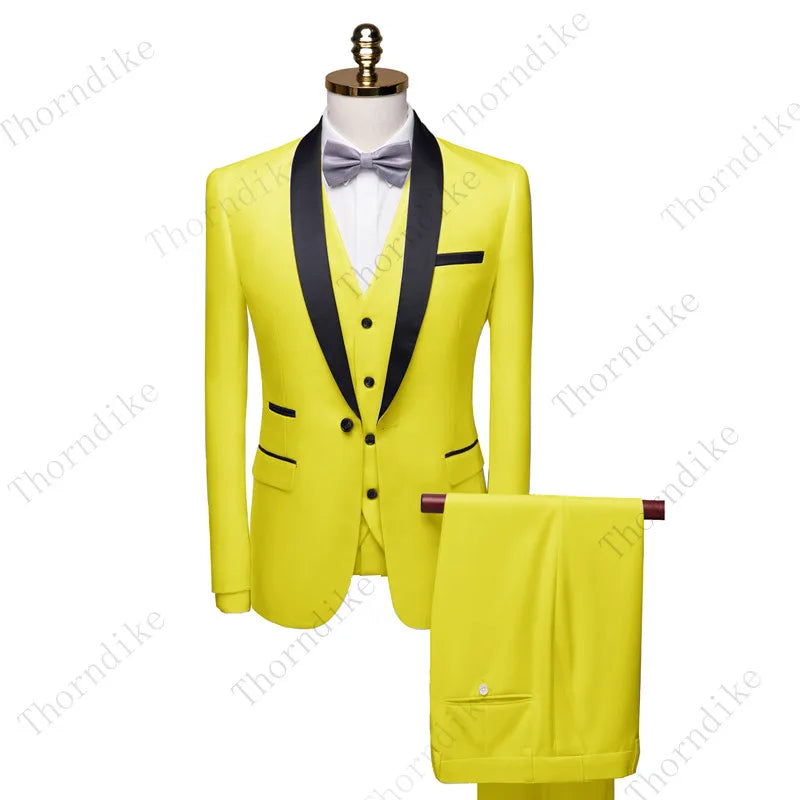 Thorndike High-End Men Suit Black Collar Suit Male Wedding Groom Slim Fit Standerd Size Blazer Set Tuxedo(Jacket+Pant+Vest)