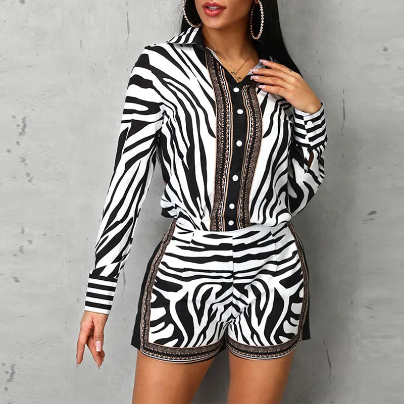 Women Zebra Print Buttoned Shirt & Zipper Short Sets Full Casual Single Breasted Turn-Down Collar Shirt Above Knee Mini Short