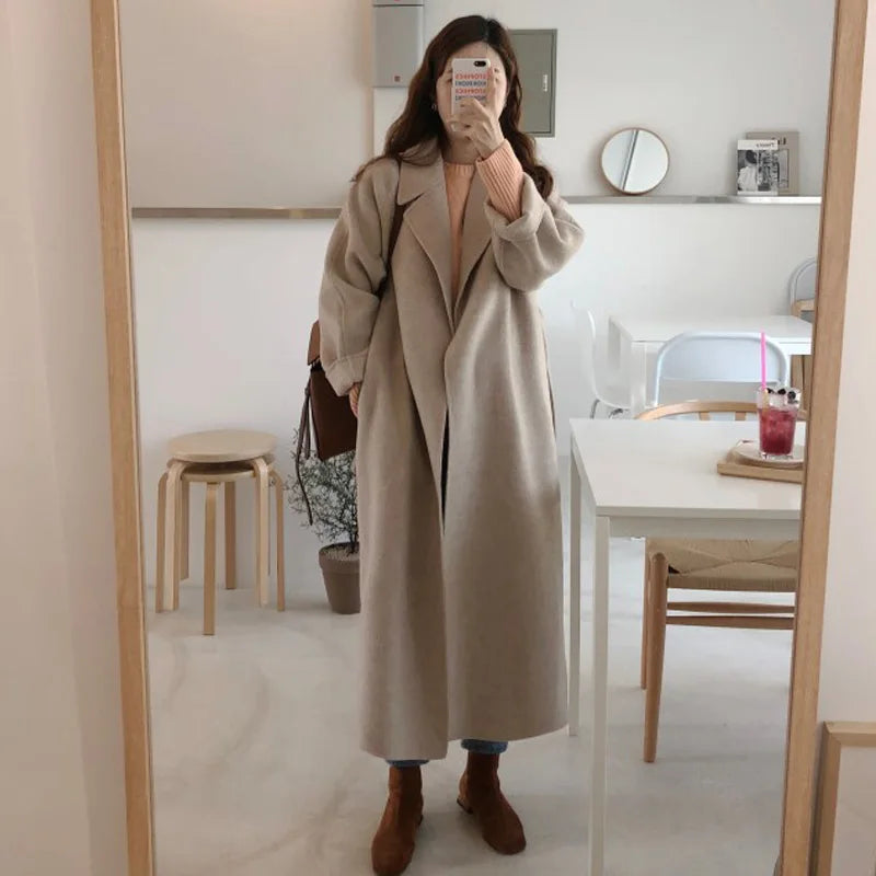 Women'S Korean Winter Long Overcoat, Loose Outwear Coat, Plus Size Cardigans, Full Sleeve, Elegant Female Coat