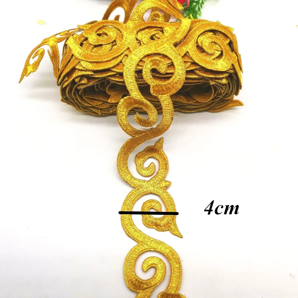 1 Yard Gold Embroidered Lace Iron On Appliqued 3D Flower Cosplay Braided Ribbon Gold Costume Trims 5Cm Wide