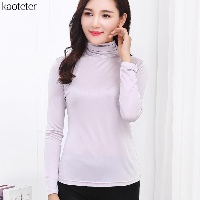 100% Pure Silk Women'S T-Shirts New Autumn Basic Long Sleeve Turn-Down Collar Casual Female Tees Shirt Tops
