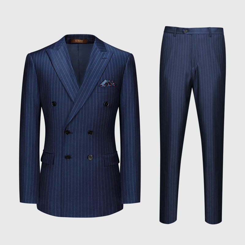100% Wool Double Breasted Men Suit Deep Blue Striped Casual Mens Suits With Pants Wedding Groom Suits Man Slim Fit Blazer