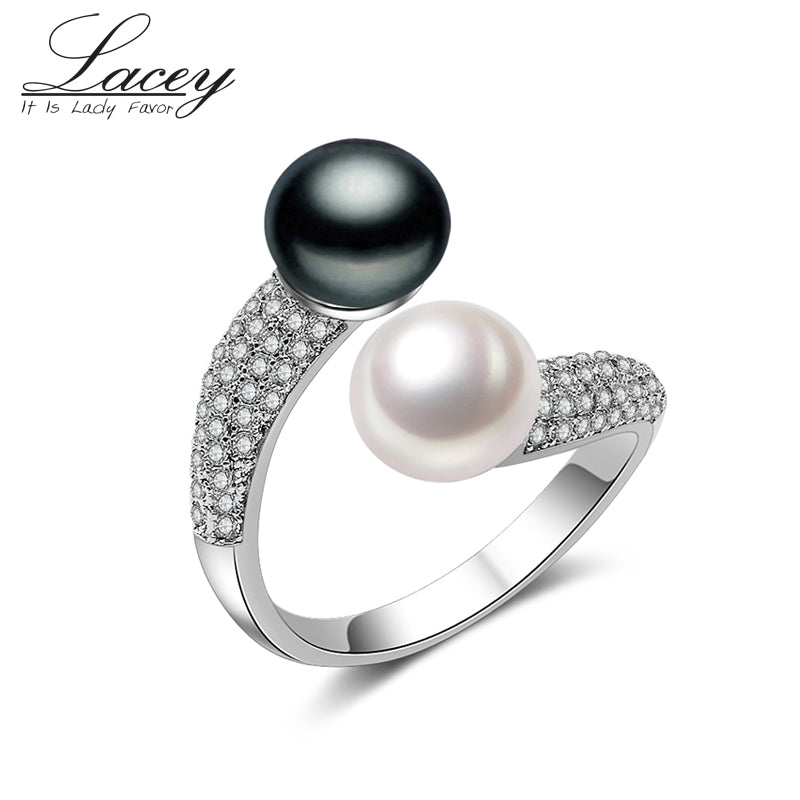100% Real Adjustable 925 Sterling Double Pearl Ring For Women,Multi White Natural Freshwater Pearl Rings Jewelry Birthday Gift