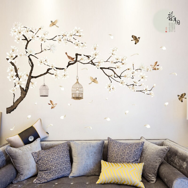187*128Cm Big Size Tree Wall Stickers Birds Flower Home Decor Wallpapers For Living Room Bedroom  Diy Vinyl Rooms Decoration