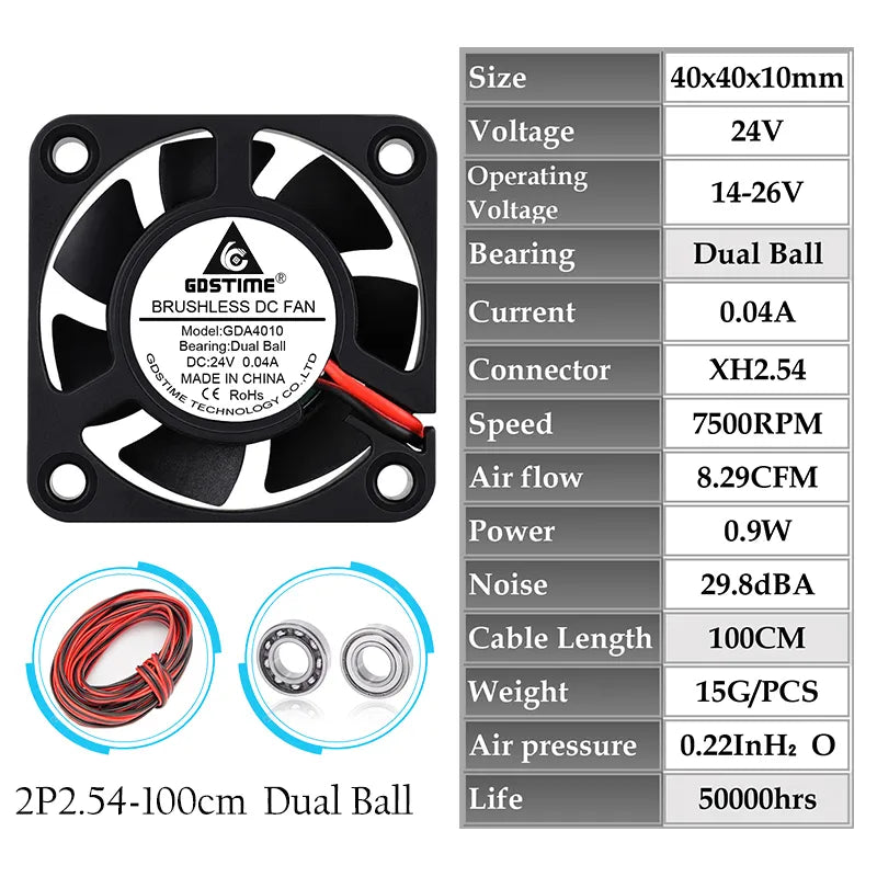 1Piece Gdstime 5V 12V 24V 40X40X10Mm Dual Ball Bearing Mini Small Brushless Dc 3D Printer Cooling Fan 40Mm 4010 Cooler Fan