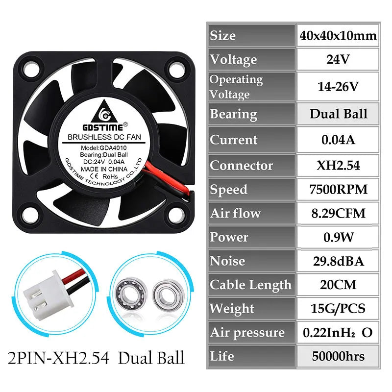 1Piece Gdstime 5V 12V 24V 40X40X10Mm Dual Ball Bearing Mini Small Brushless Dc 3D Printer Cooling Fan 40Mm 4010 Cooler Fan