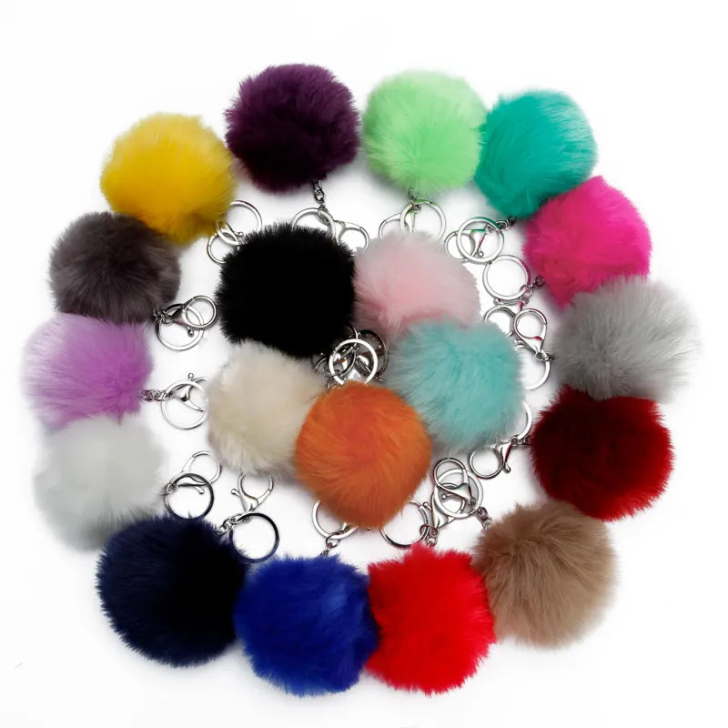 1Pcs 8Cm Fake Fur Brand Bag Keychain Pompom Car Keyring Silver Color Chains Pompons Fake Fox Rabbit Fur Charms Chain A