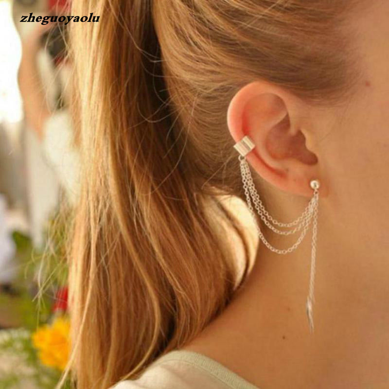 1Piece Punk Rock Style Woman Young Gift Leaf Chain Tassel Earrings, Metallic Gold And Silver Jewelry Earrings Ear Clip Wholesale