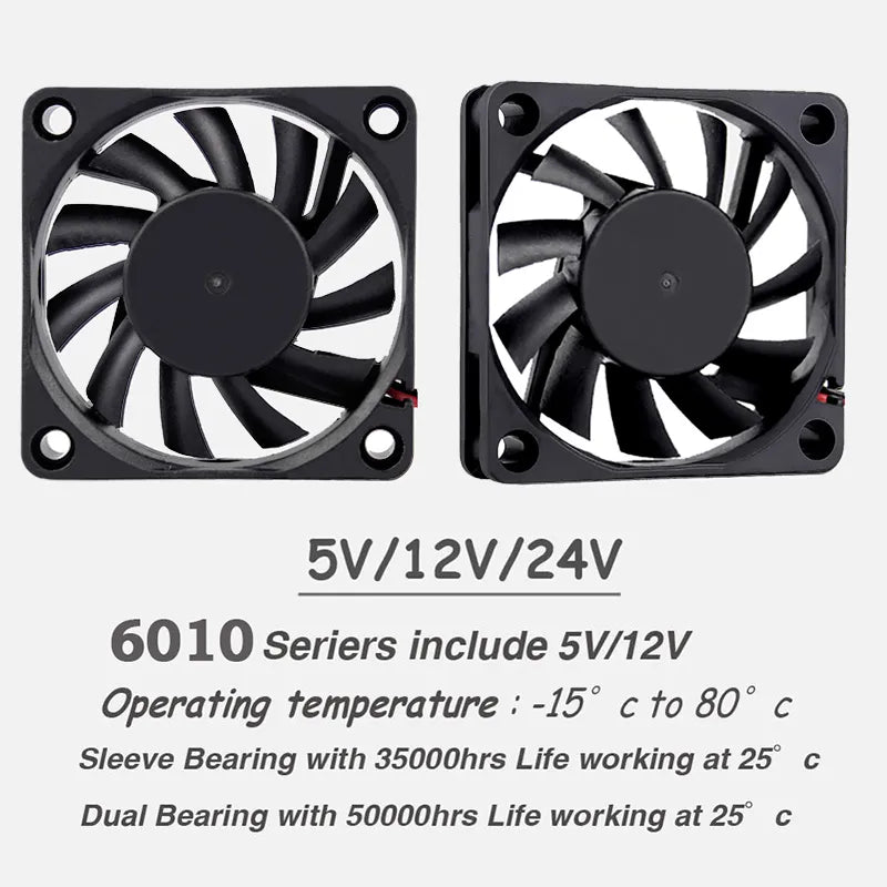 2 Pieces 5V 12V 24V 60Mm 6010 Dc  Fan 60X60X10Mm 6Cm Cooling Cooler Fan Computer Pc Cpu Case Cooling Ball Bearing Fan