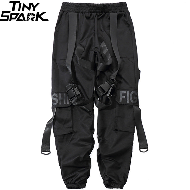 2019 Hip Hop Cargo Pants Pockets Men Streetwear Harajuku Harem Pants Buckle Ribbon Joggers Pants Black Hiphop Sweatpants Autumn