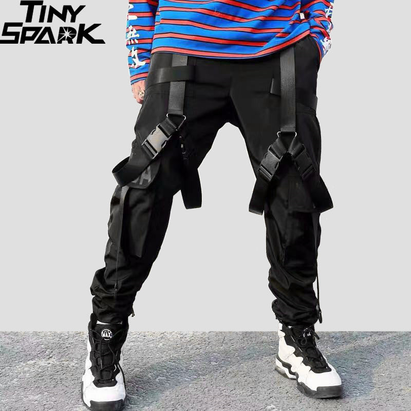 2019 Hip Hop Cargo Pants Pockets Men Streetwear Harajuku Harem Pants Buckle Ribbon Joggers Pants Black Hiphop Sweatpants Autumn