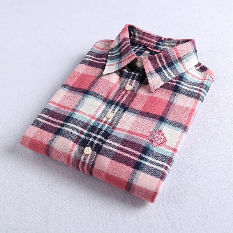 2020 Autumn Winter New Women&#39;S Flannel Plaid Shirt 100% Cotton Casual Style Blouses Long Sleeve Shirt Female Blusas Office Tops