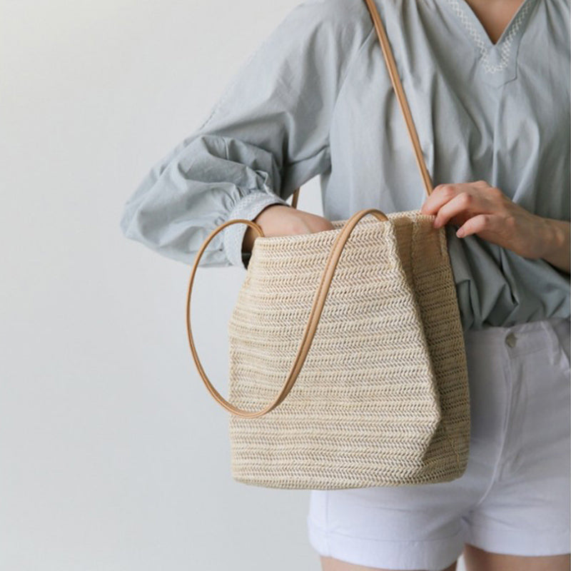 2020 New Summer Straw Bag For Women Holiday Casual Handbag Weaving Beach Bucket Shoulder Bags  South Korea'S Bag Mpb02