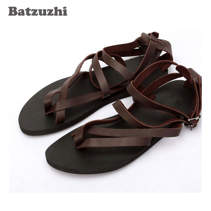 2020 Summer Sandal Shoes Black&Brown Gladiator Sandalias Mujer Men Beach Genuine Leather Sandals Rome Men Shoes , Big Size 46