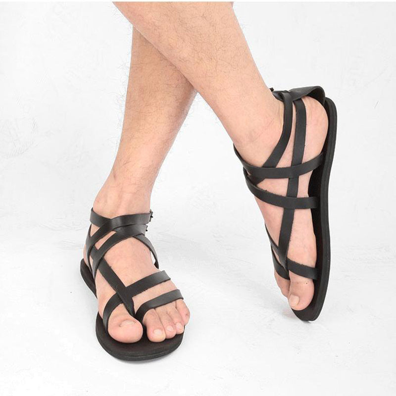 2020 Summer Sandal Shoes Black&Brown Gladiator Sandalias Mujer Men Beach Genuine Leather Sandals Rome Men Shoes , Big Size 46