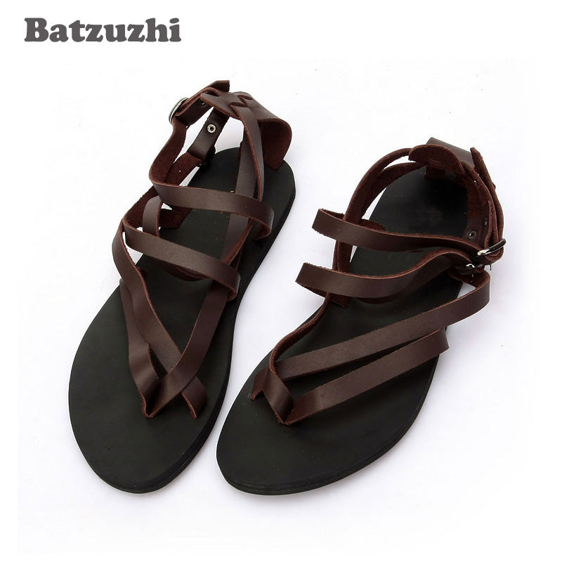 2020 Summer Sandal Shoes Black&Brown Gladiator Sandalias Mujer Men Beach Genuine Leather Sandals Rome Men Shoes , Big Size 46