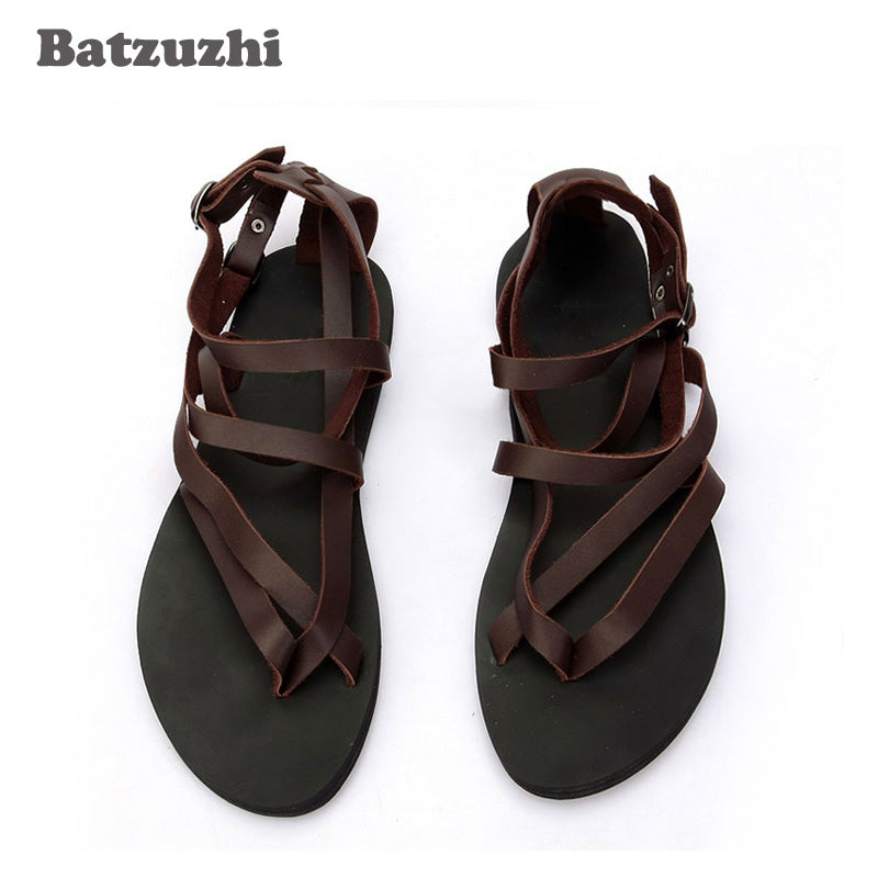 2020 Summer Sandal Shoes Black&Brown Gladiator Sandalias Mujer Men Beach Genuine Leather Sandals Rome Men Shoes , Big Size 46